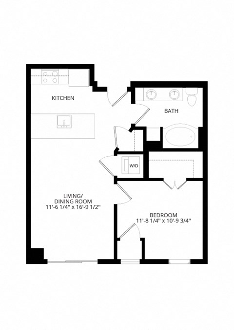 Floor plan for 1 bed, 1 bath, 633 sqft